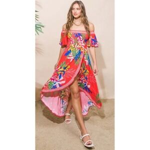 Jealous Tomato Dress Rio‎ Tropical Hawaiian Off Shoulder Ruffle Farm Midi Small
